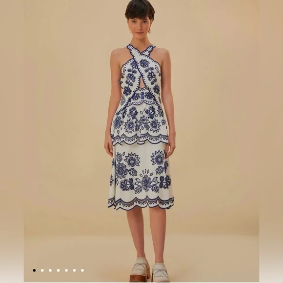 FARM RIO Off-White Cut Out Elegant Floral Halter Embroidered Linen Midi Dress - Picture 2 of 10